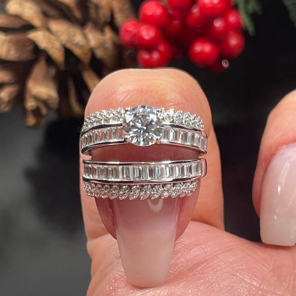 Solid 925 Silver Wedding Engagement Ring Set - image 1